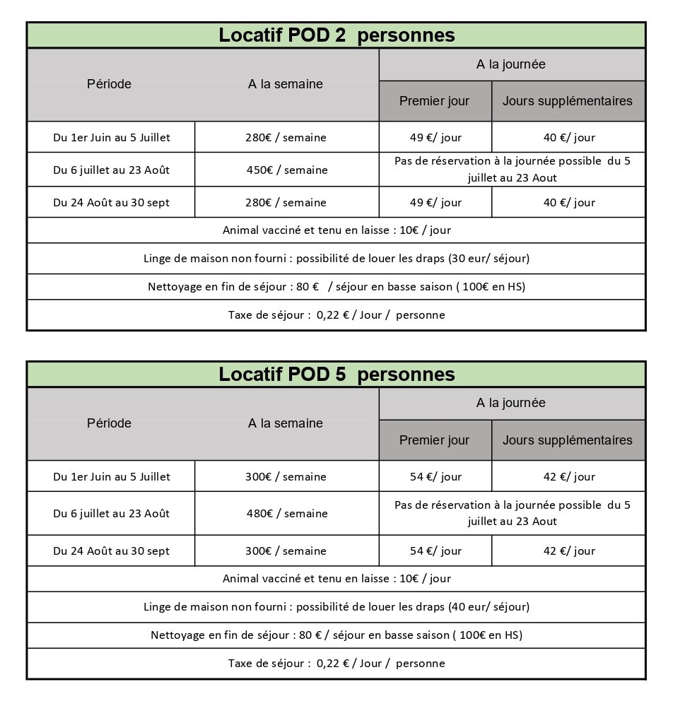 tarifs 2026 Location POD