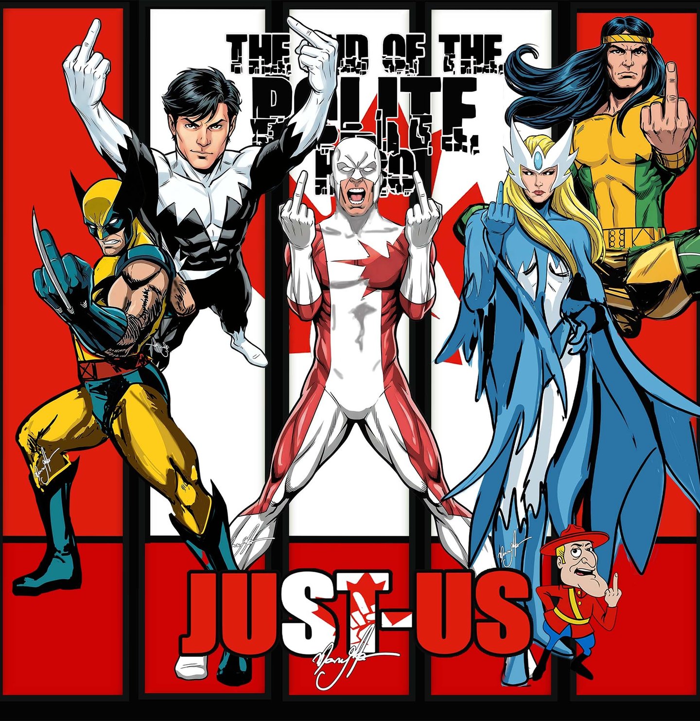 Alpha Flight and Wolverine comic book art parody showing Canadian superheroes gesturing rudely.