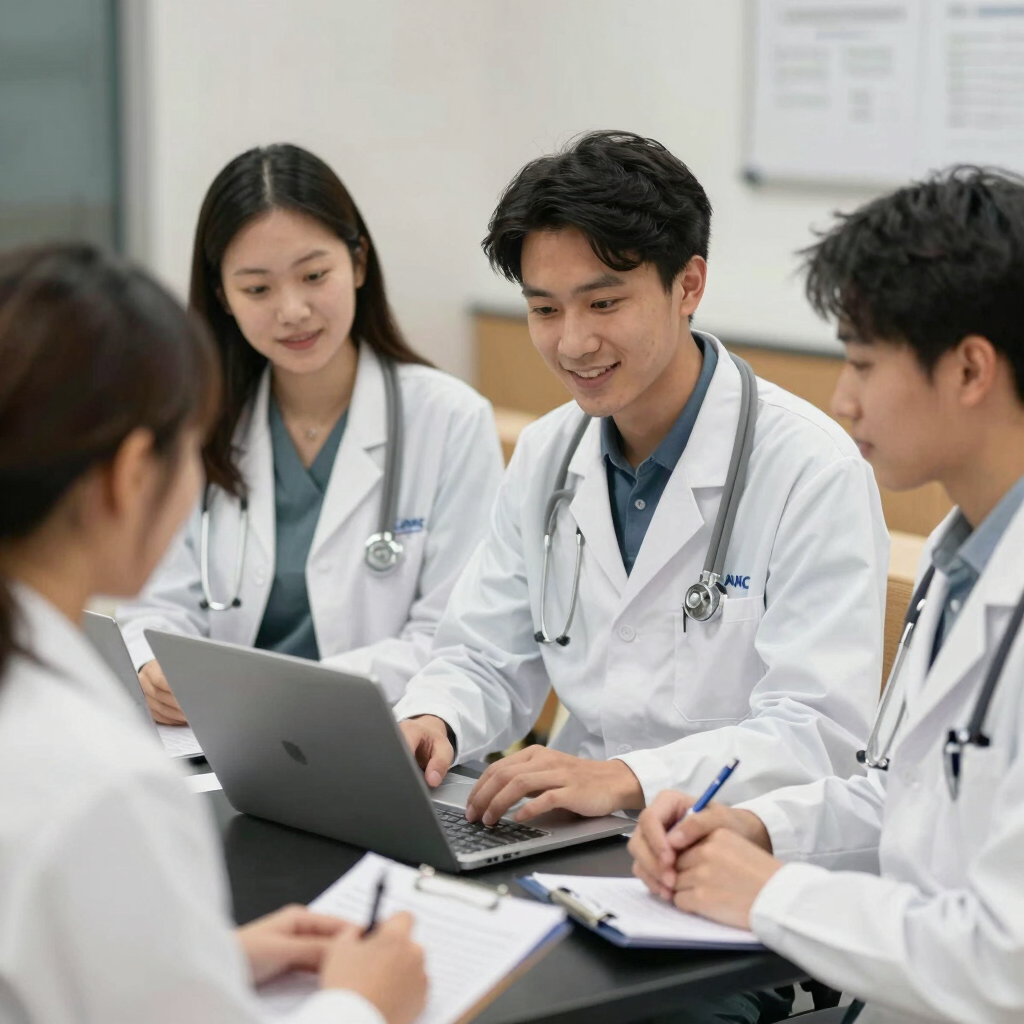 A diverse group of students engaged in a lively mentorship session with a Black American doctor.