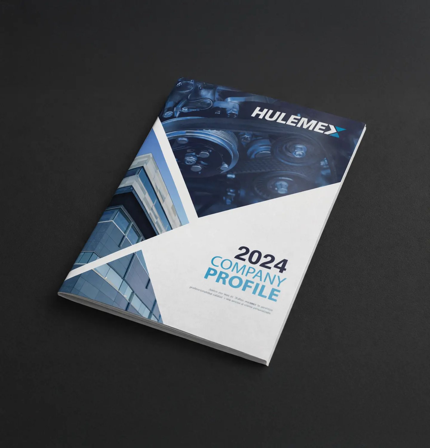 Copertina company profile Hulemex 2024 con edificio industriale e dettagli meccanici coordinati.