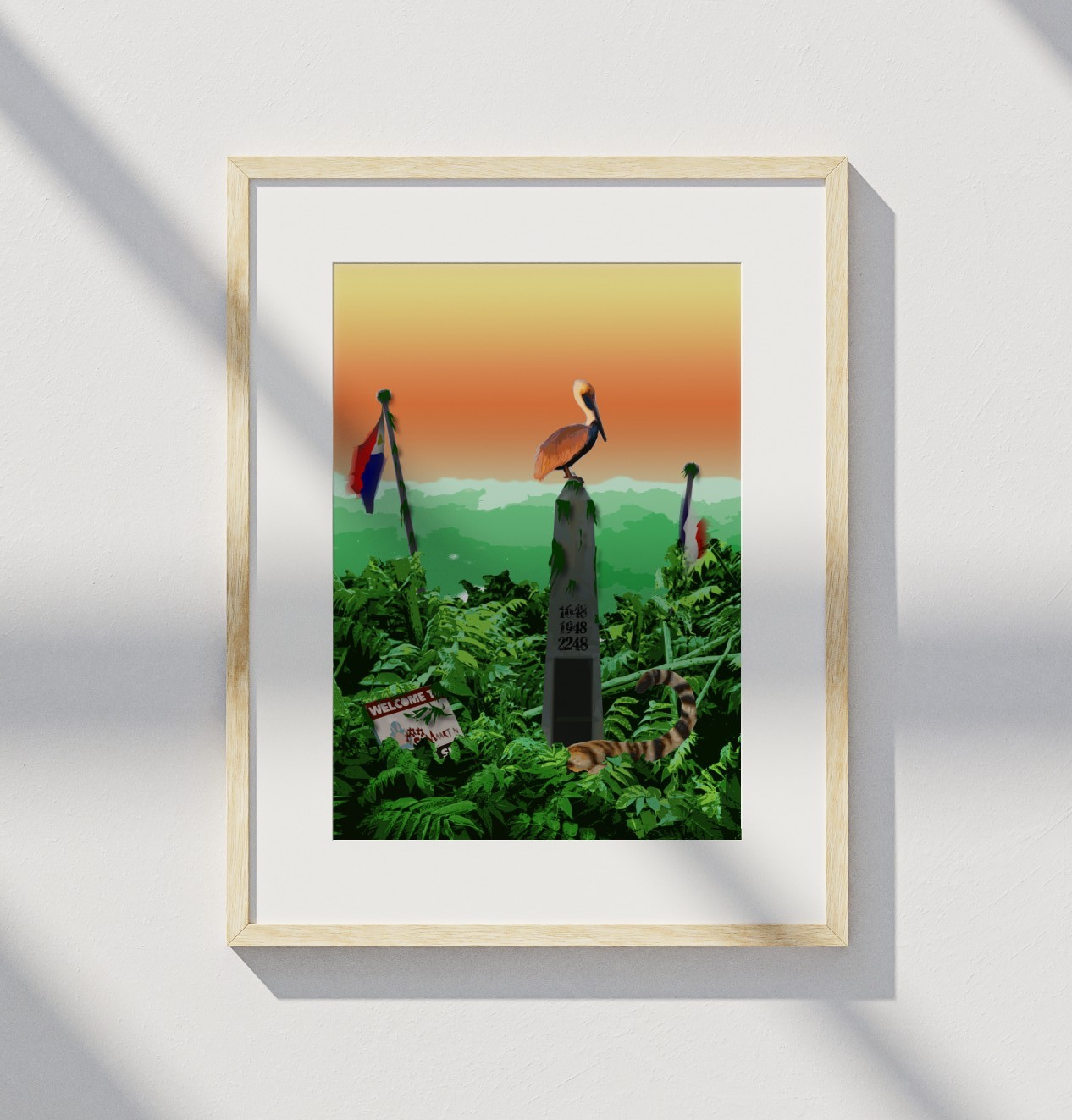 Framed print of a jungle scene with monument and pelican
