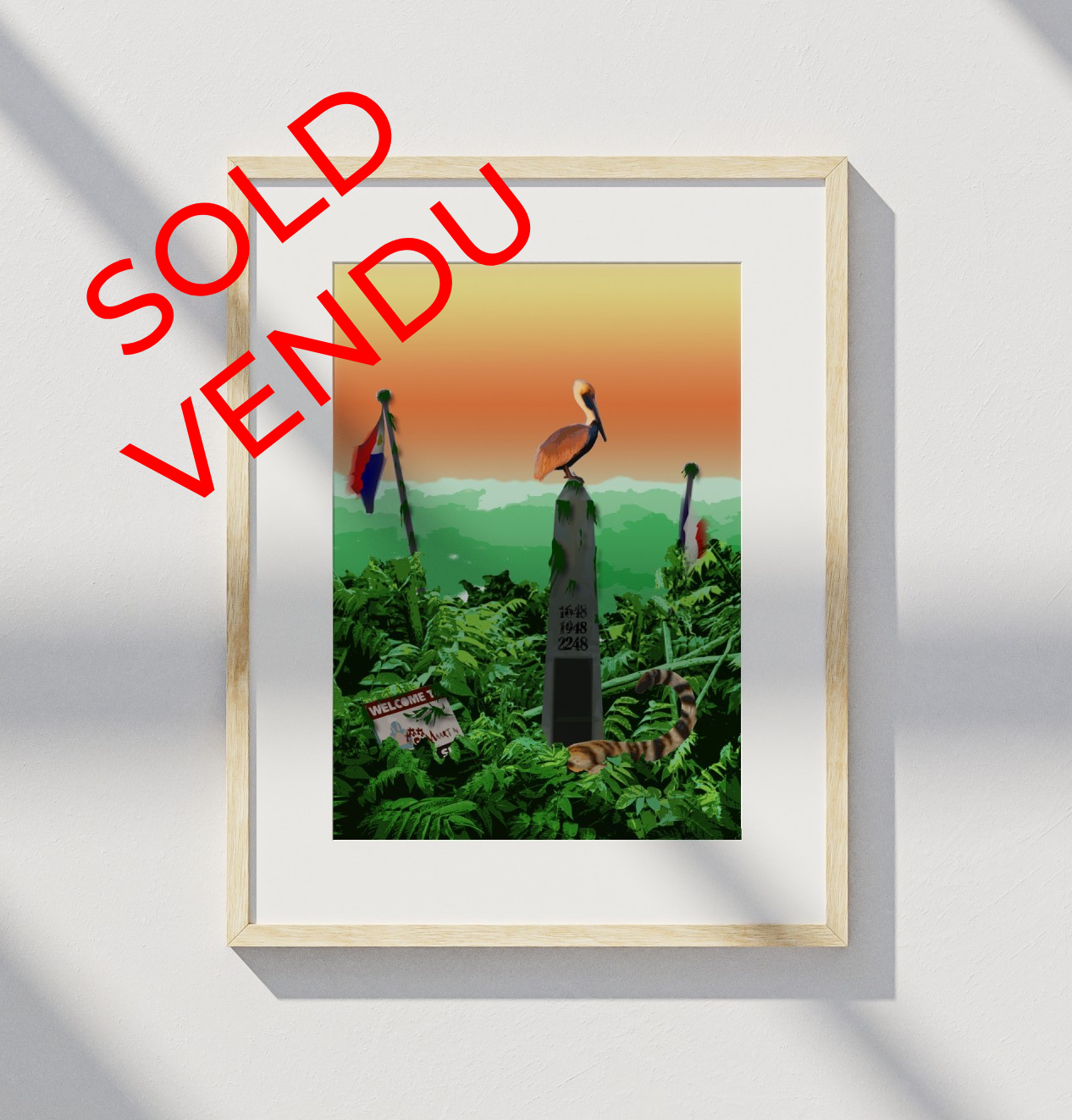 Framed print of a jungle scene with monument and pelican