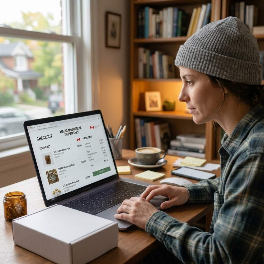 A person using a laptop to shop at an online magic mushroom dispensary for psilocybin products.