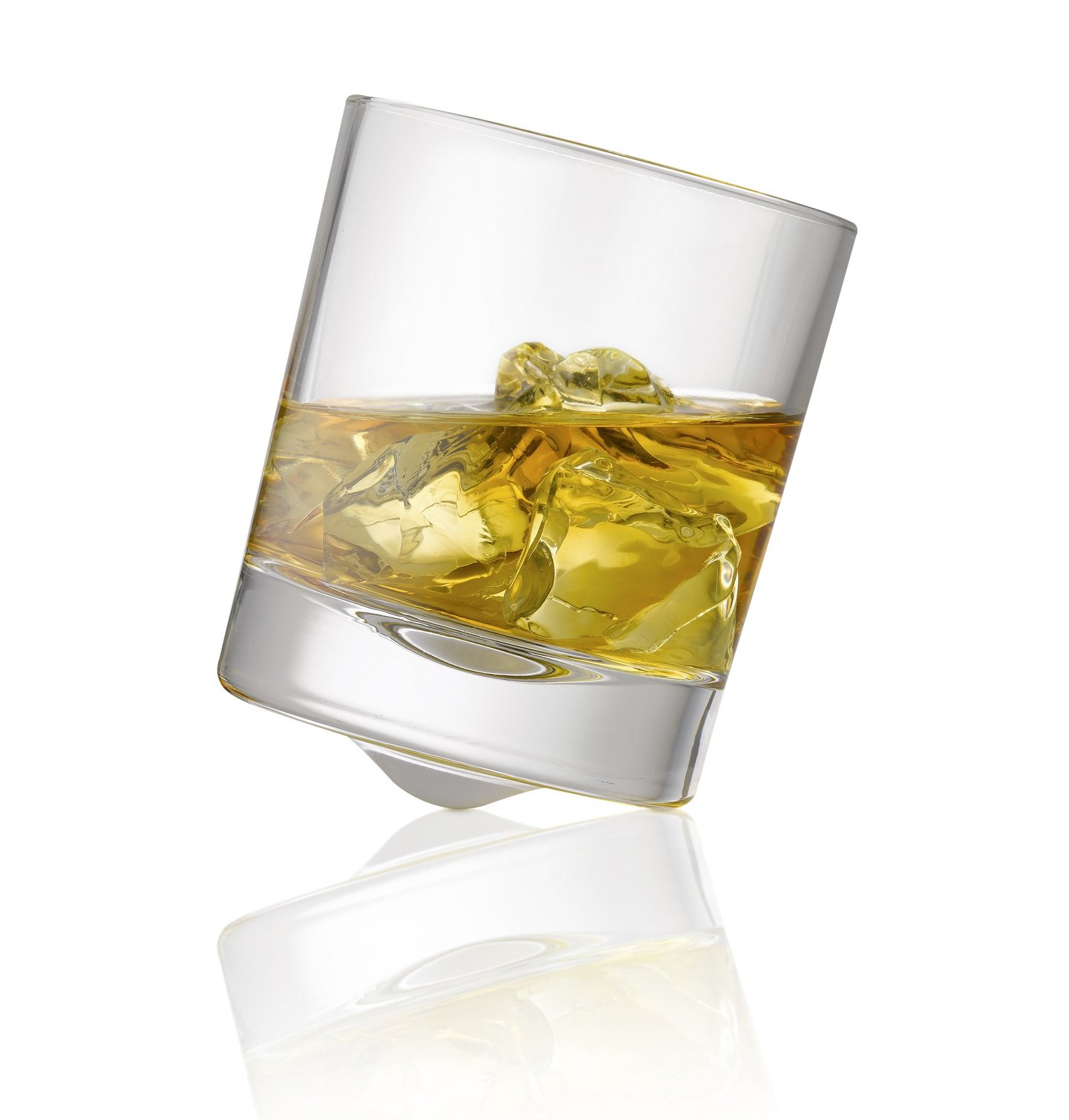 angled glass of whisky on a white reflective background