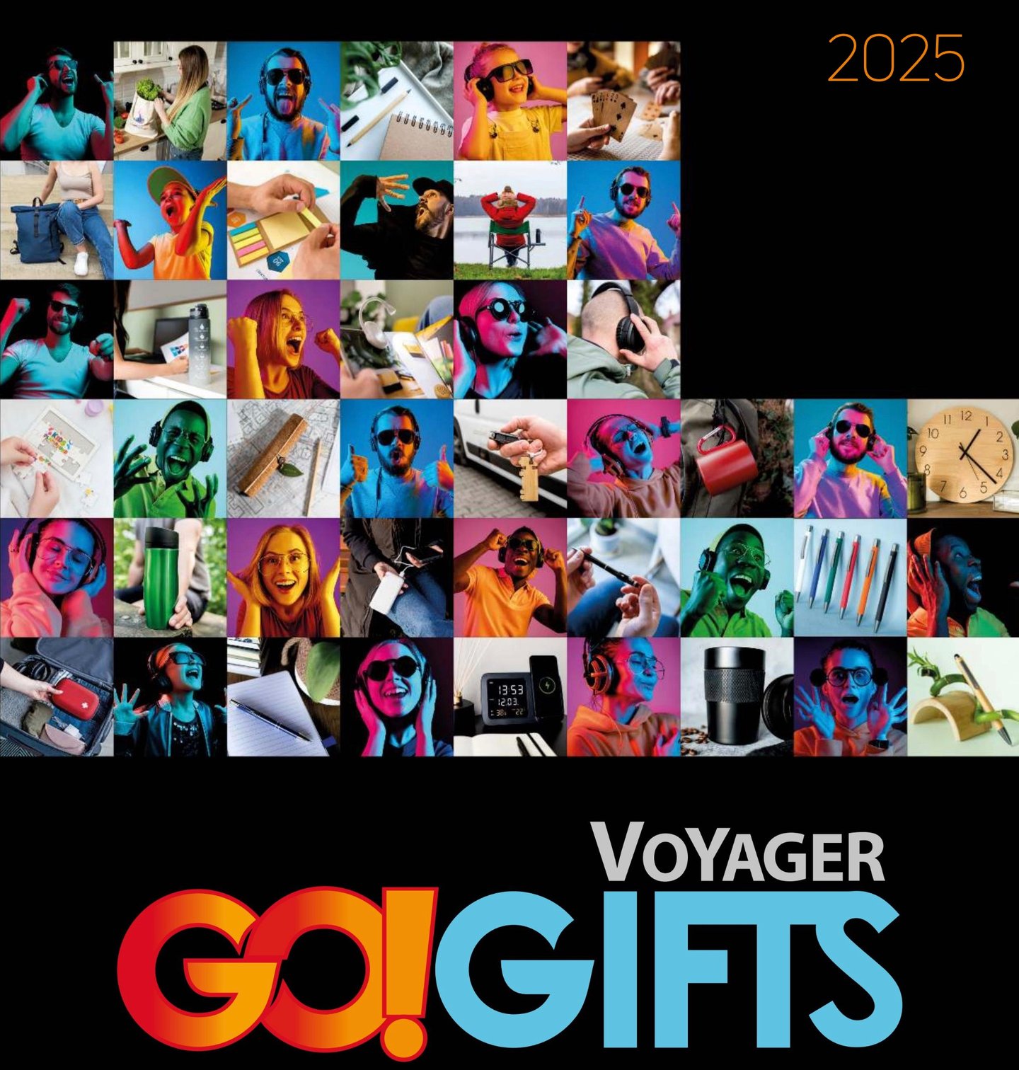 Voyager Go! Gifts 2025 promotional collage featuring people using lifestyle products and tech accessories.