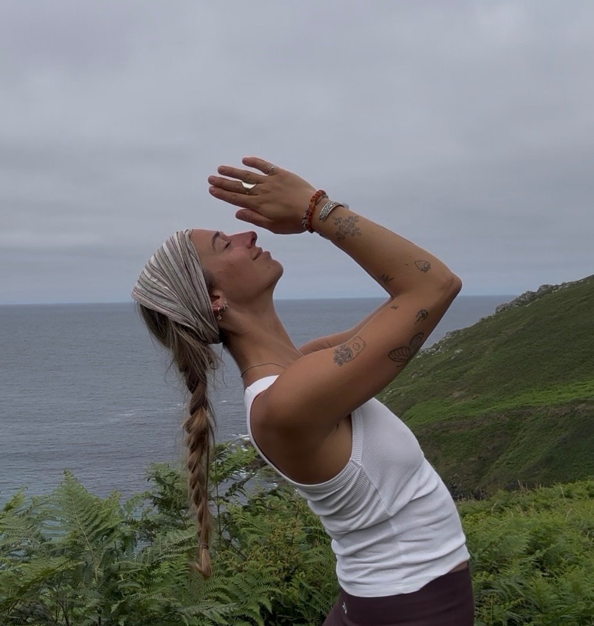 Yoga teacher Jean performing Anjali Mudra in Nature