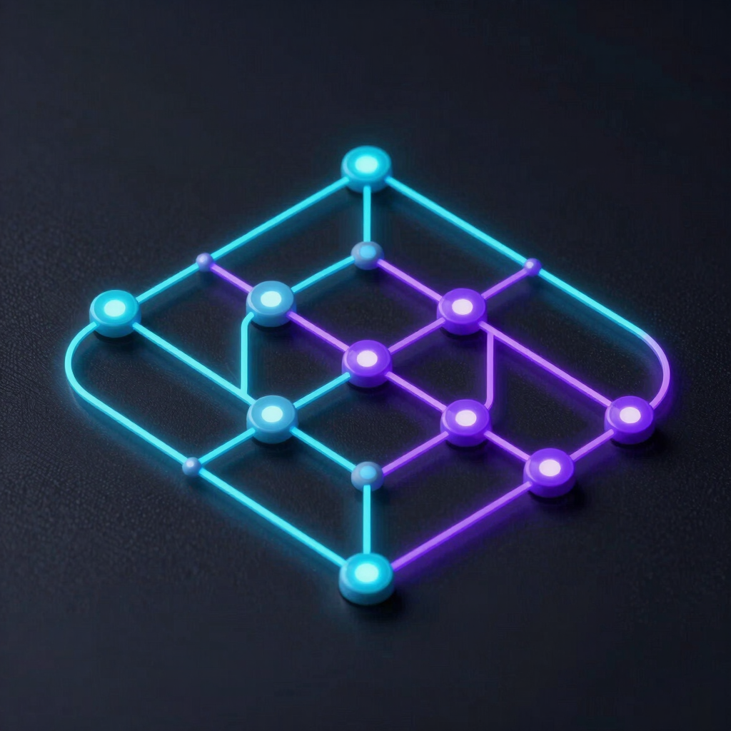 Isometric view of a clean node-based automation diagram showing real-time threat detection pathways, cyan and purple glowing lines, dark background