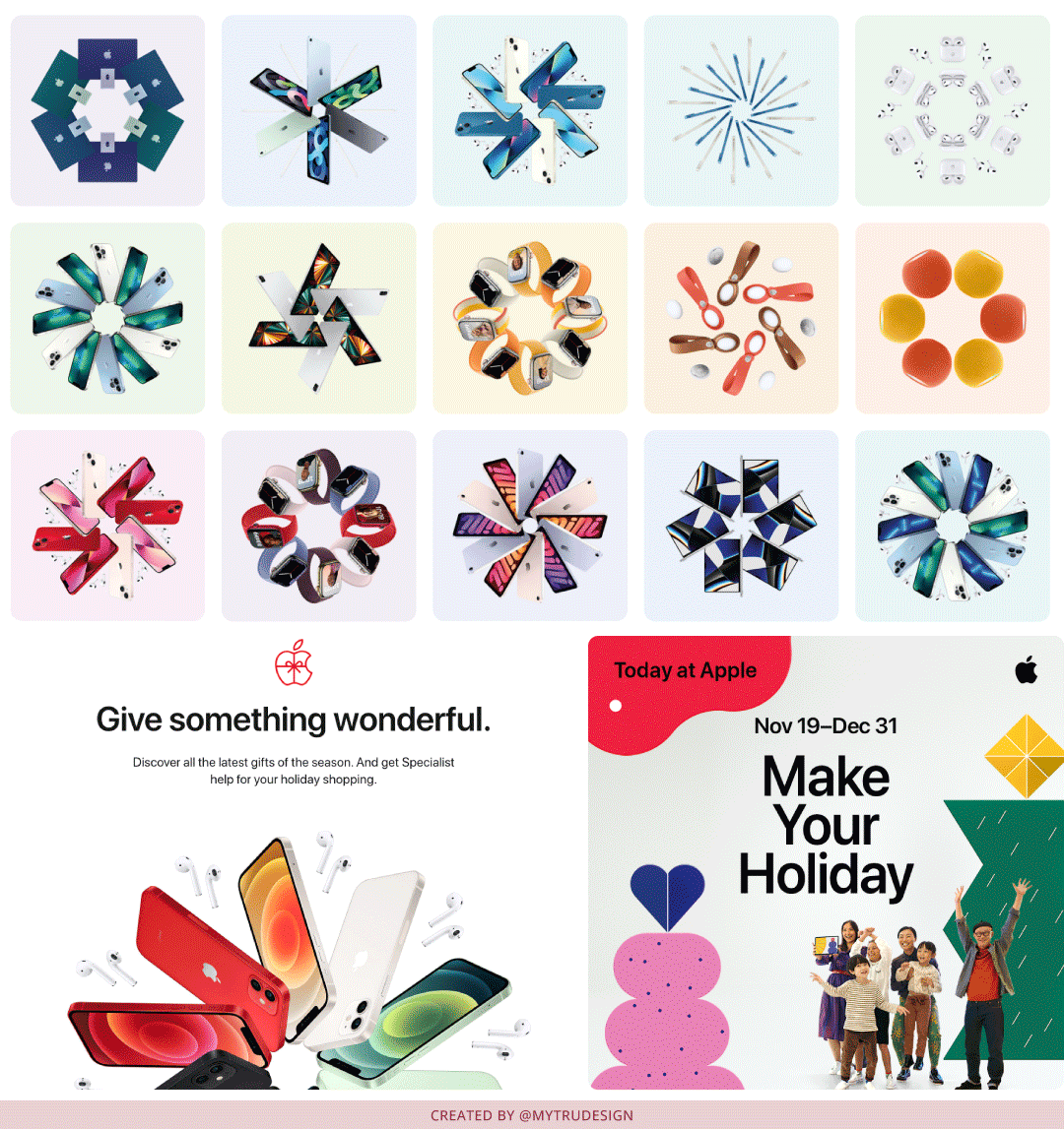 Apple holiday-themed product display with a clean, minimalist design and subtle wintery touches.