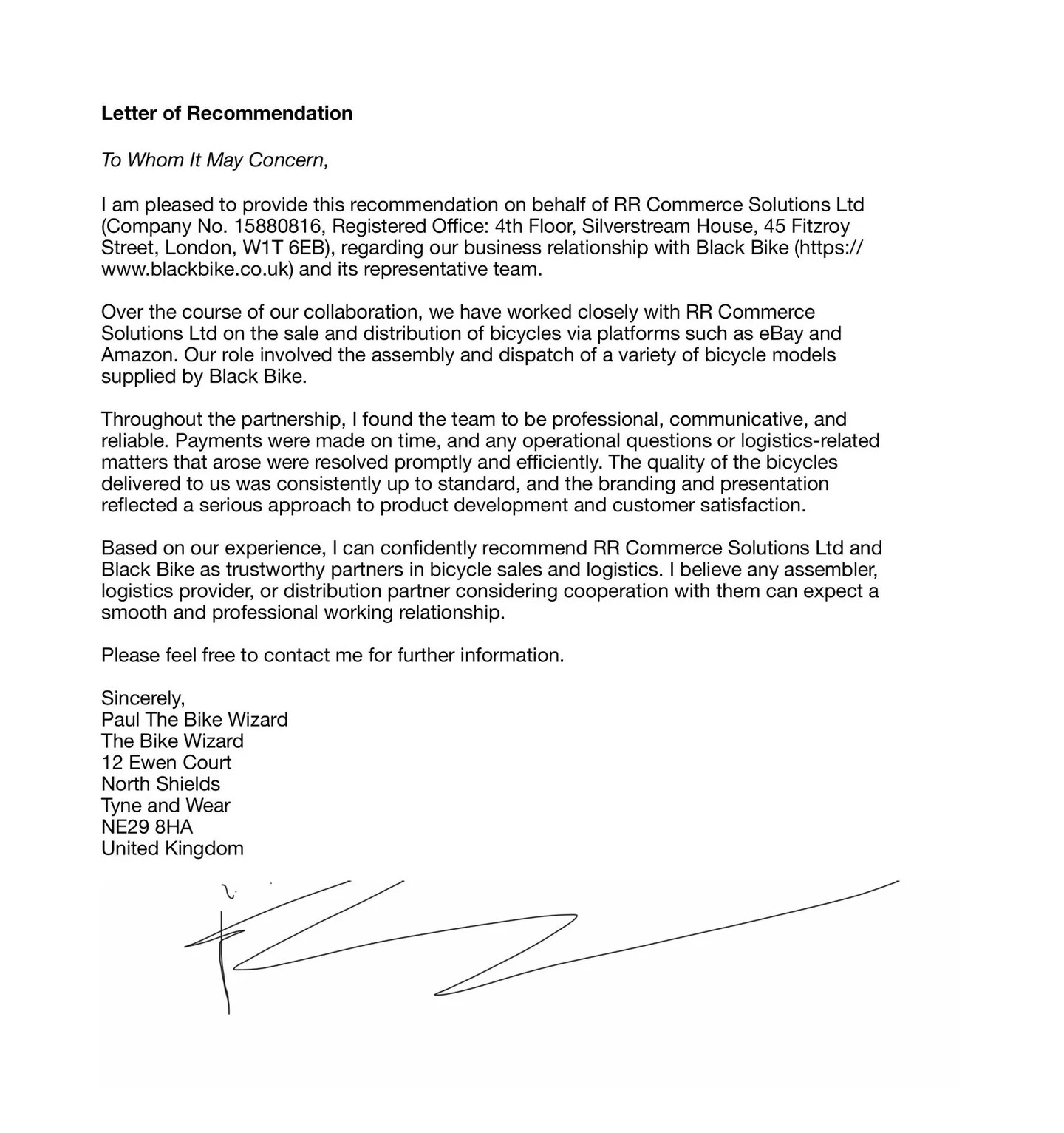 Professional letter of recommendation for RR Commerce Solutions Ltd from Paul The Bike Wizard.