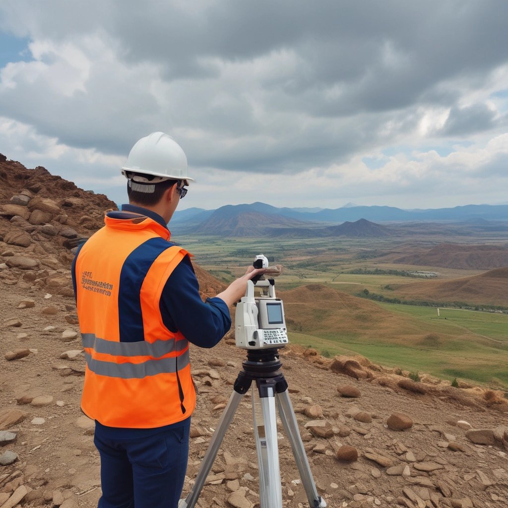 A land surveyor in a hard hat and safety vest uses a total station on a tripod to survey a valley.