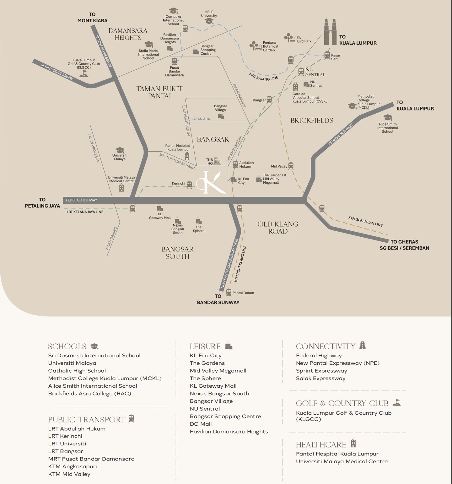 Location map of Khaya Residences, Bangsar in Kuala Lumpur showing nearby MRT stations and highways.