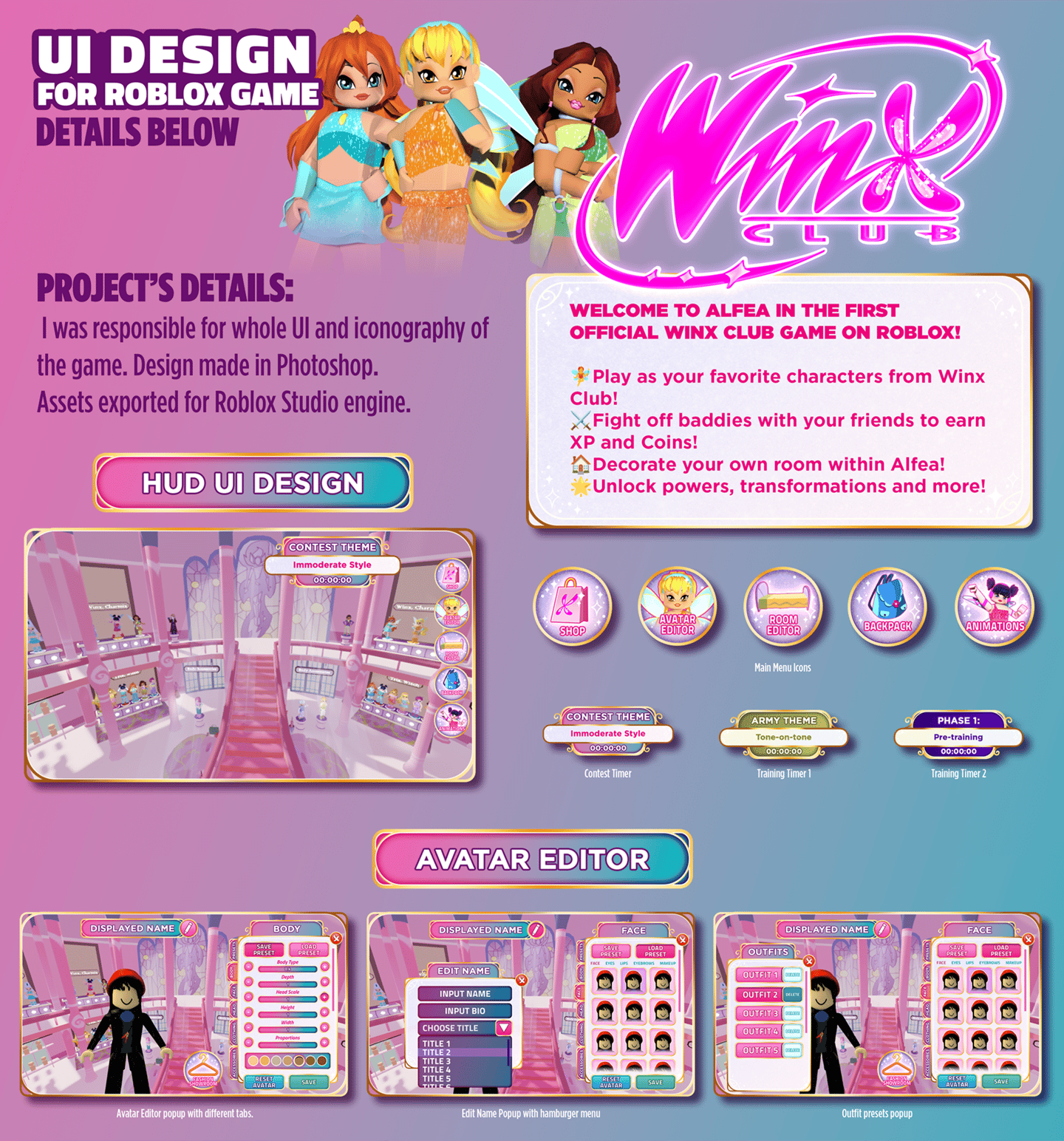 Design of HUD, Avatar Editor, main menu icons for Winx: Club Roblox Game
