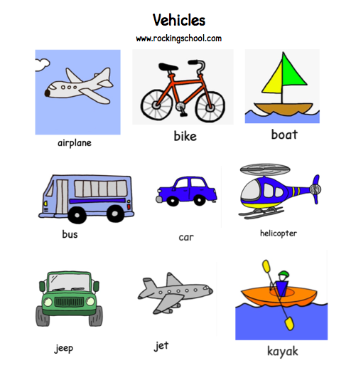 english lesson worksheet vehicles airplane bike boat bus car helicopter jeep jet kayak