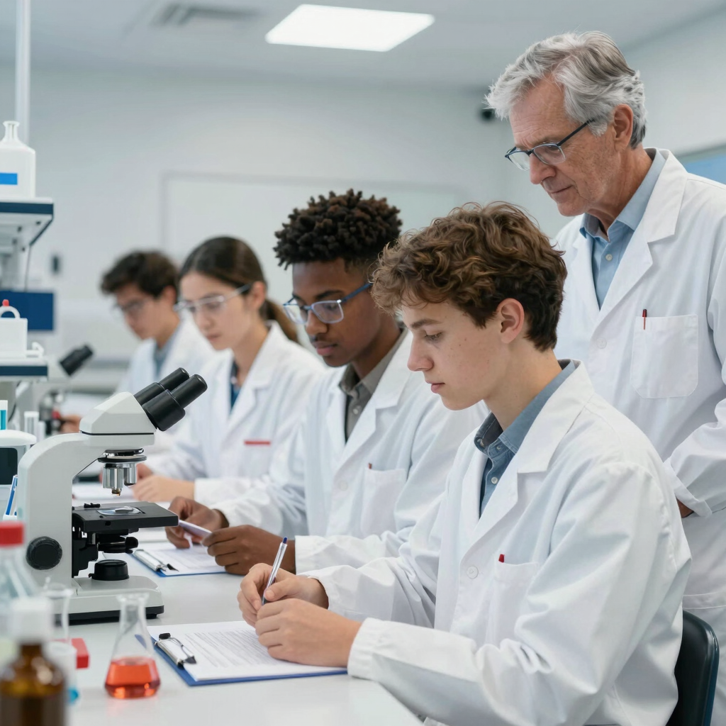 A diverse group of medical students studying together, smiling and engaged in discussion.