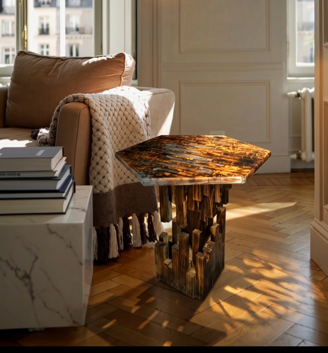 Mesa lateral de madera con resina