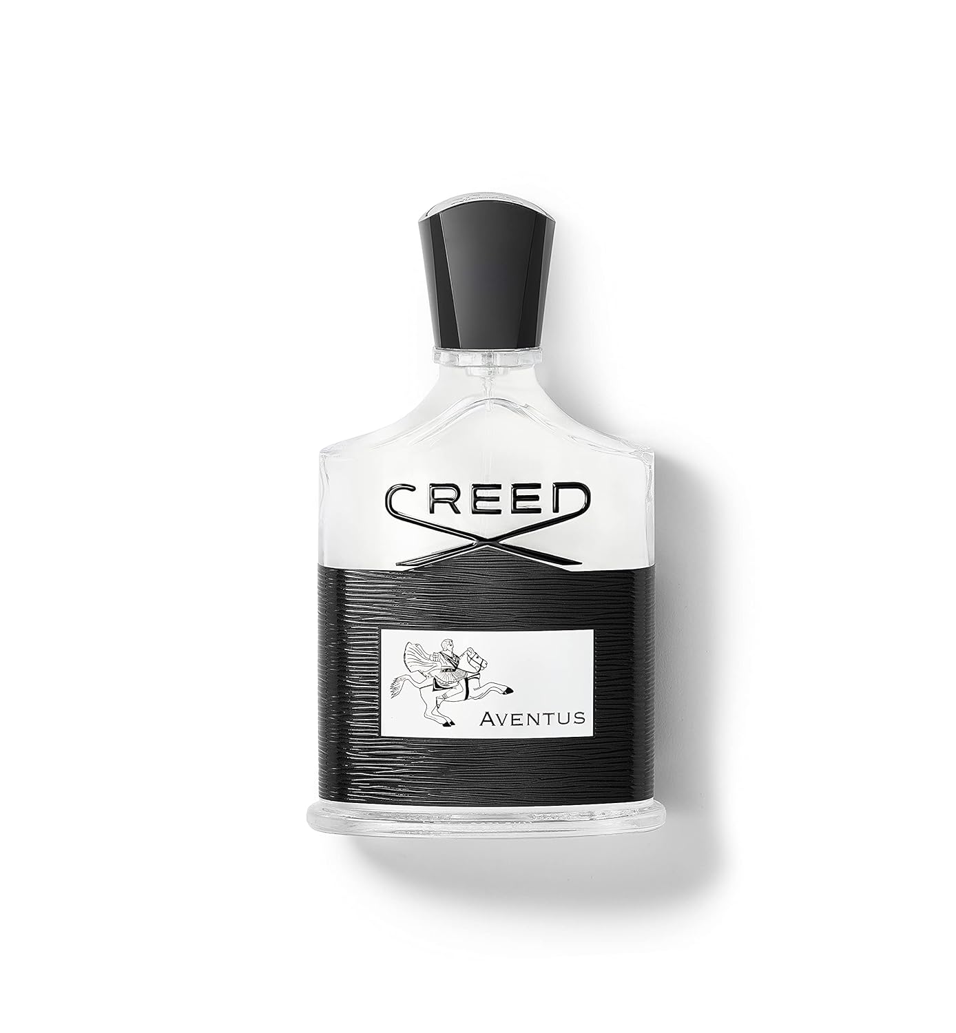 Luxury Creed Aventus Eau de Parfum bottle for men featuring a black textured wrap and silver logo.