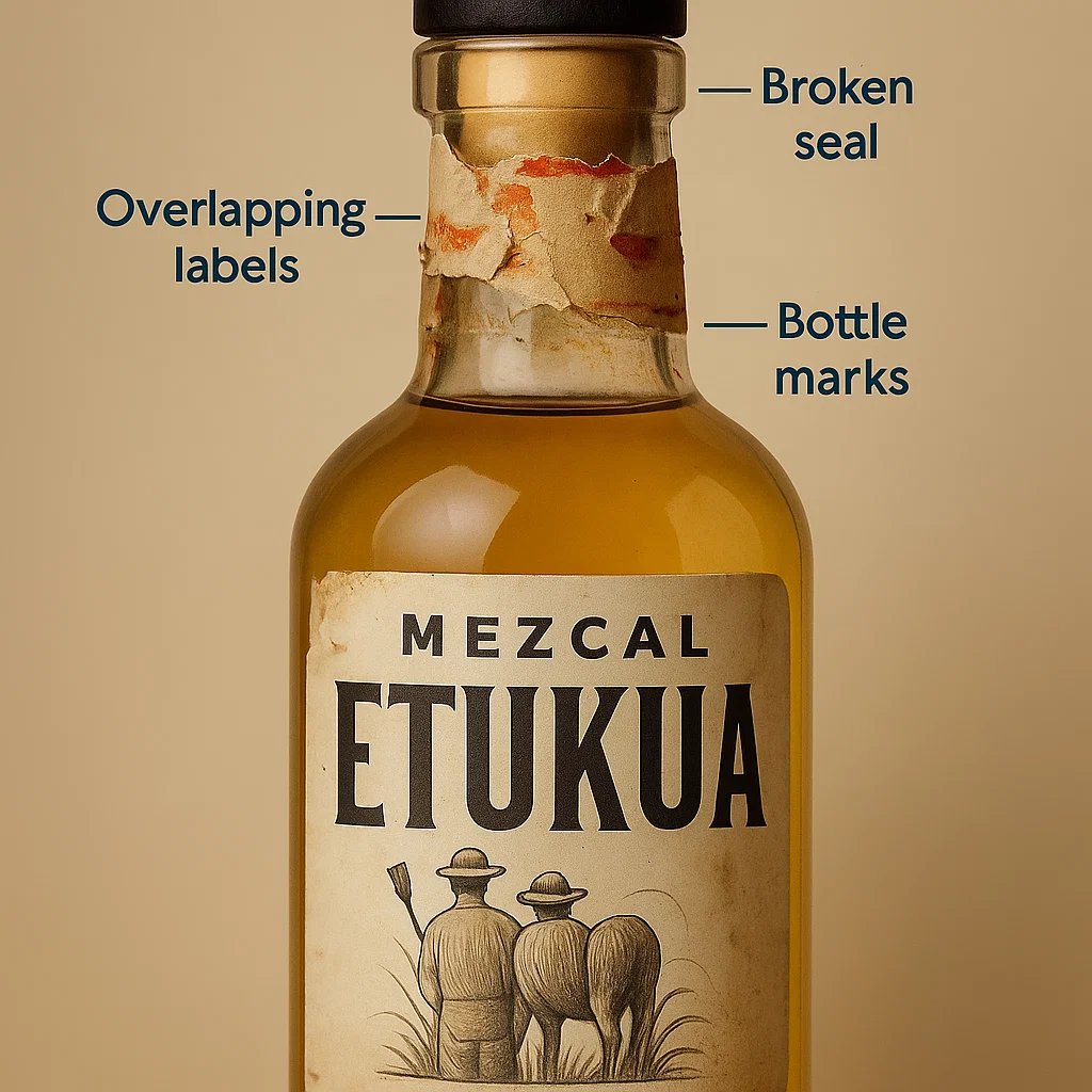 Close-up de señales de reutilización en botella de mezcal