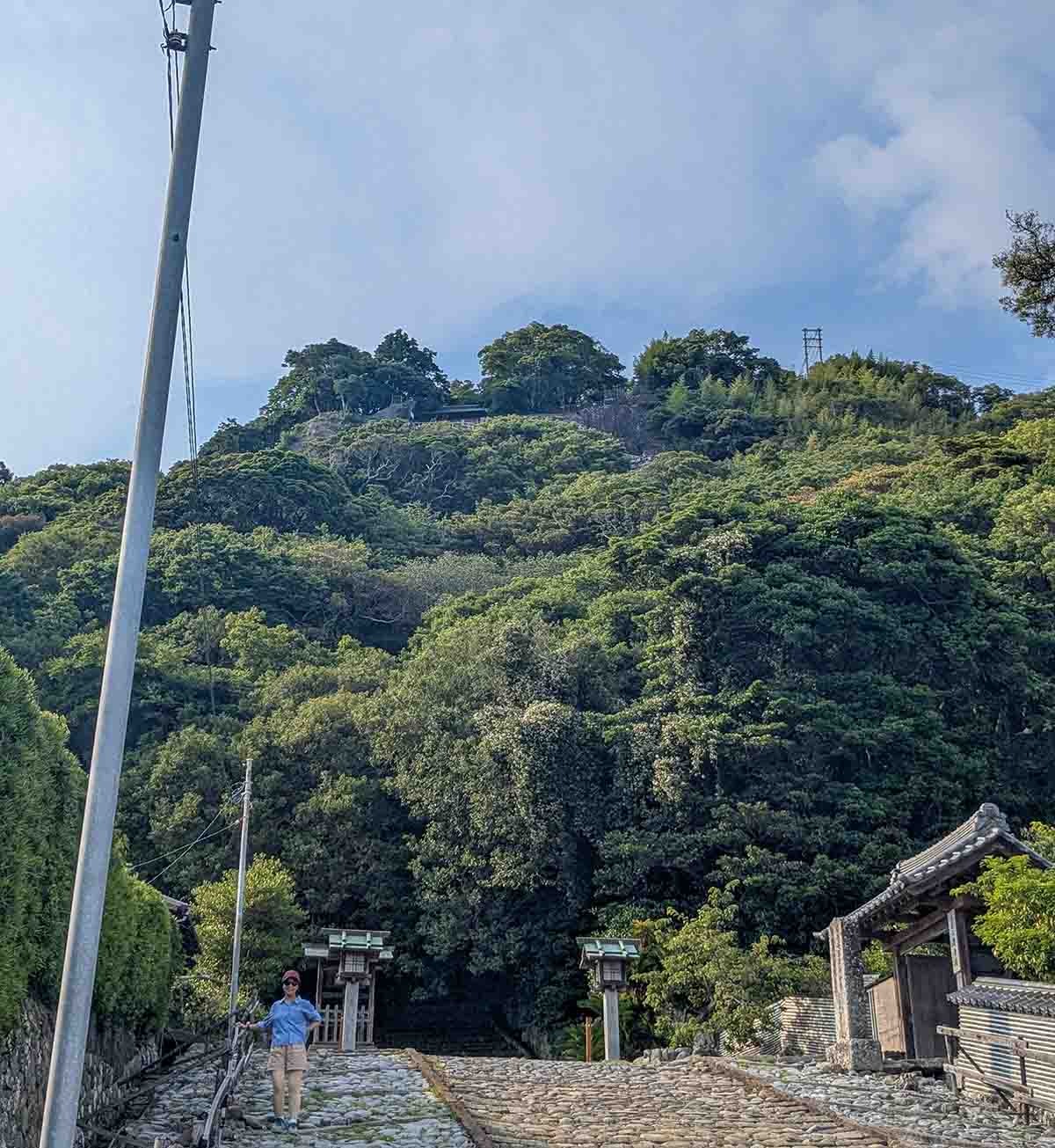 Woman walking near a temple entrance beneath a lush green hillside in rural Shizuoka, Japan.