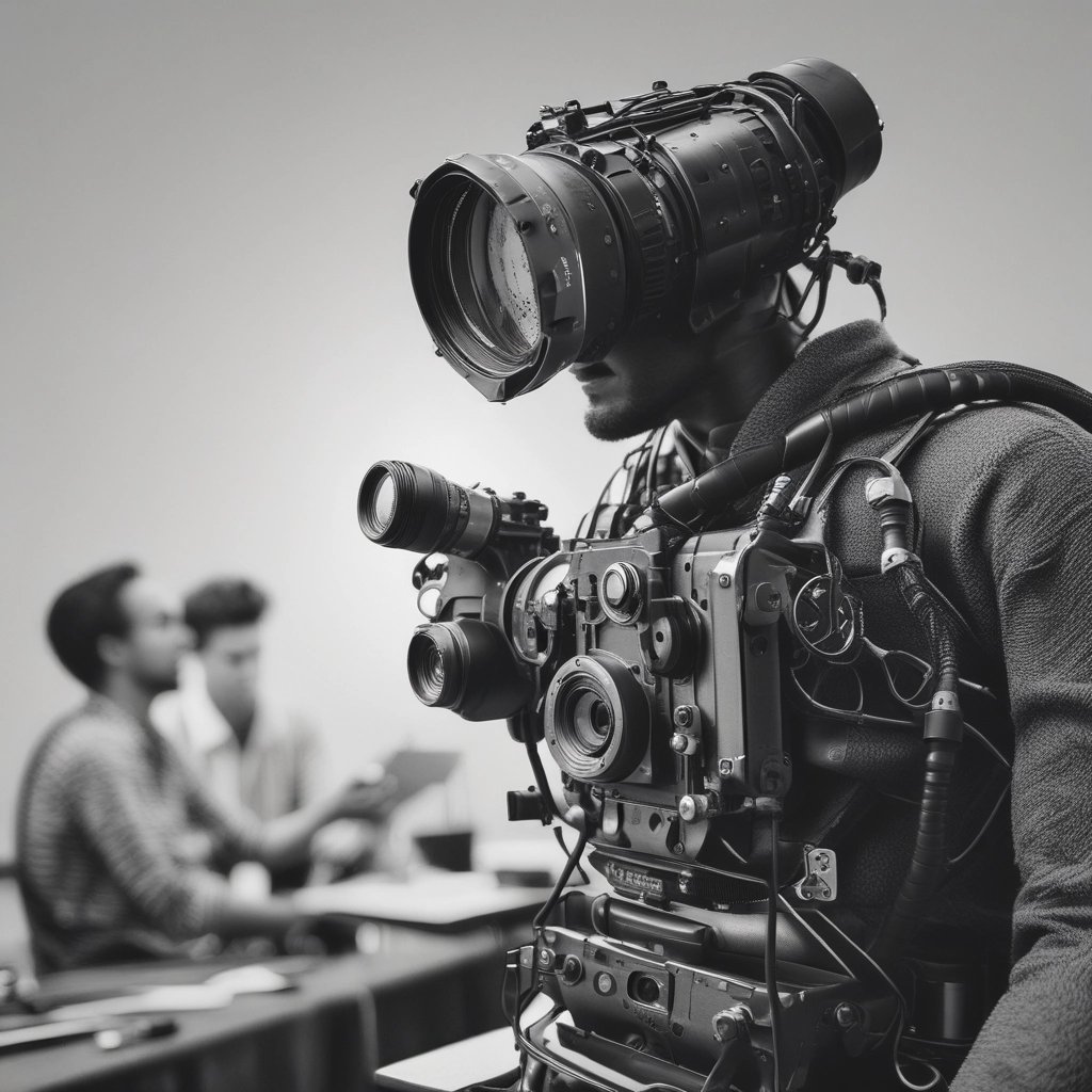 A filmmaker reviewing AI-generated storyboards on a laptop in a cozy studio.