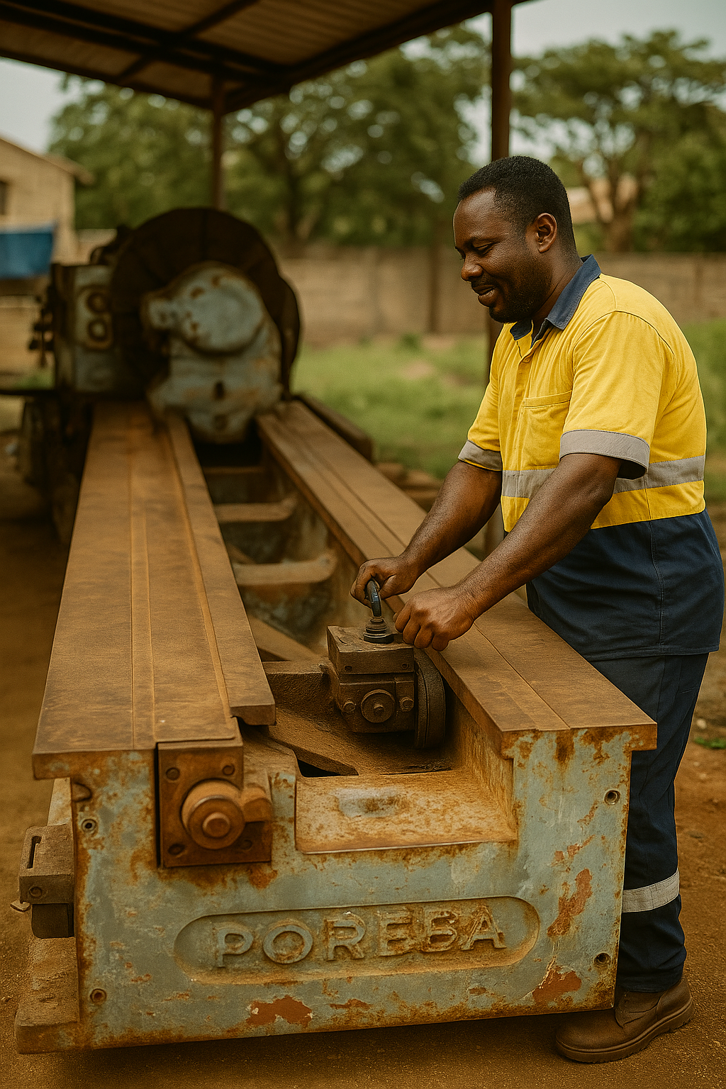 a man in a yellow shirt is working on a machine at Denco Foundry Tema. A very popular metal casting 