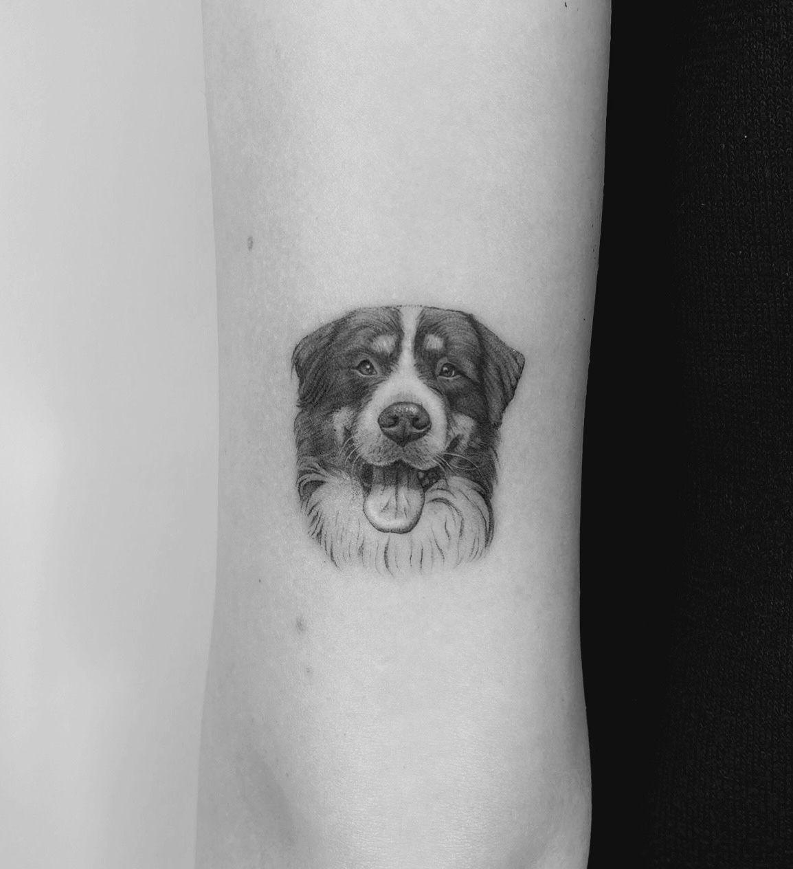 Tatuaje microrealismo en Madrid de retrato de perro border collie con sombreado fotorrealista