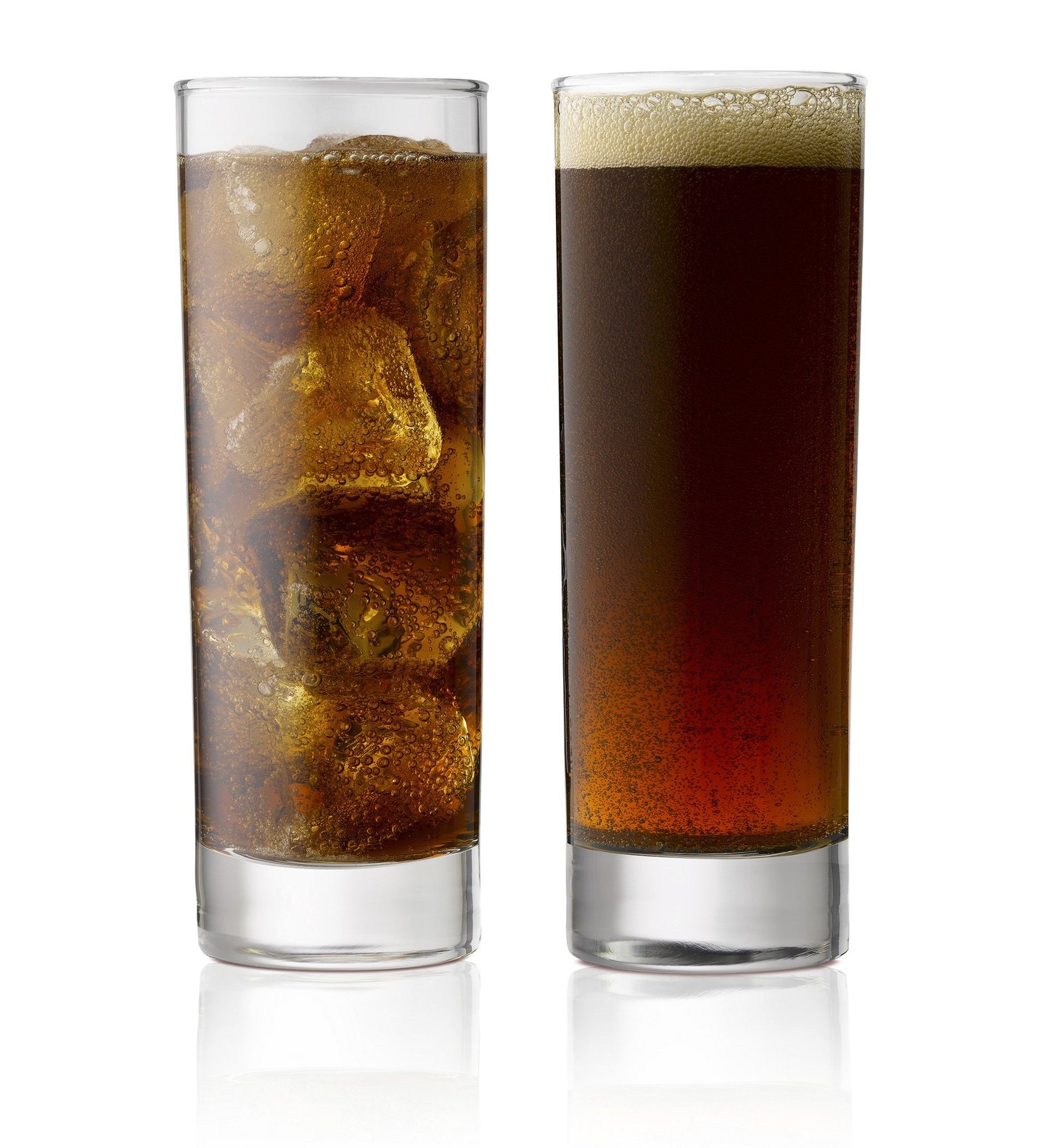 two glasses of coke side by side one with ice one without on a white reflective background