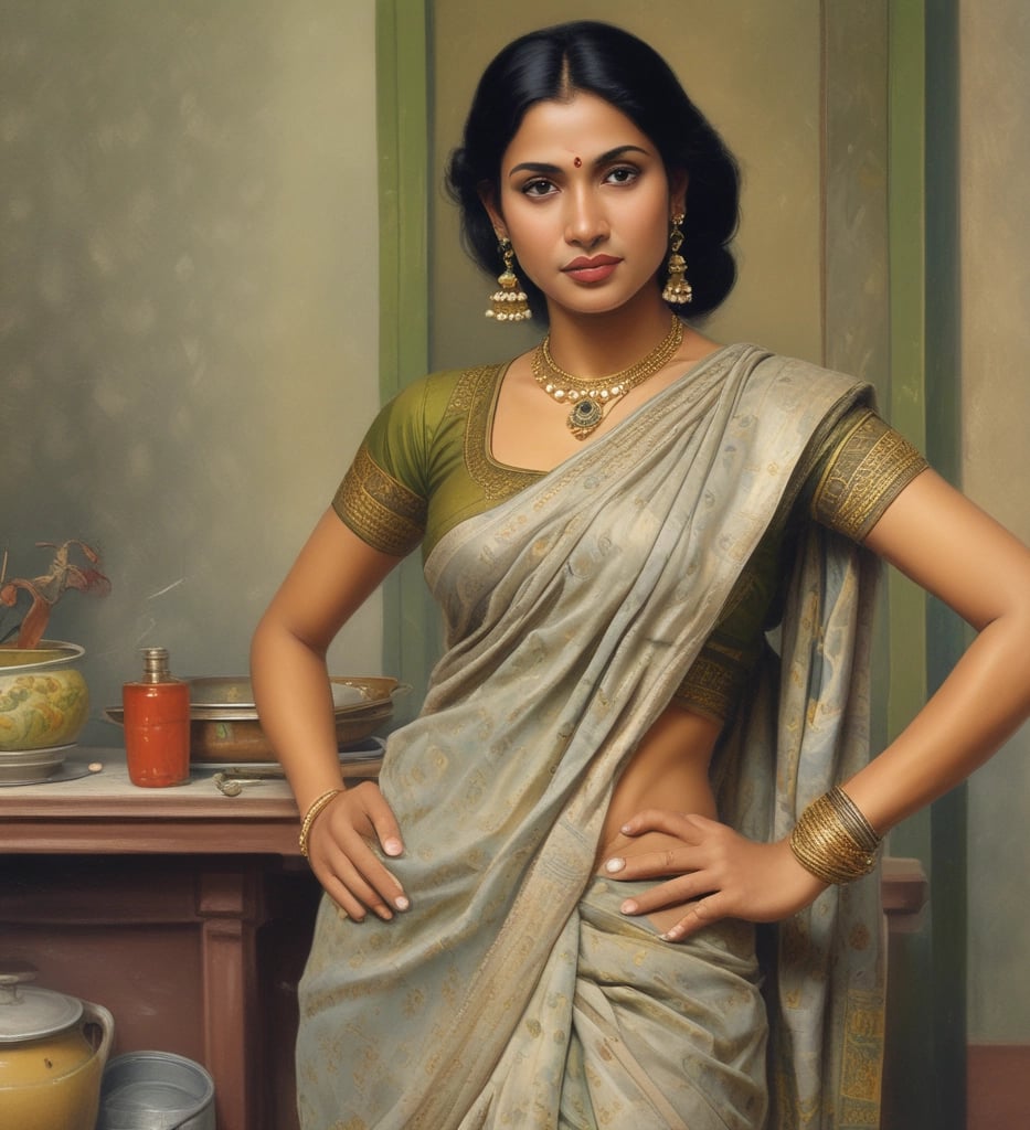 A warm, candid portrait of a Bengali housewife in traditional attire, set against a cozy Kolkata home backdrop.