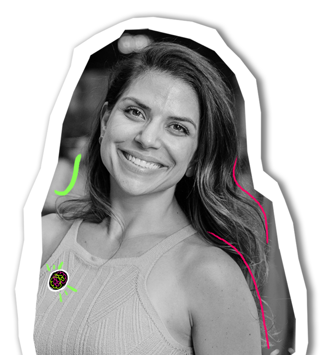 foto da Mari fundadora Nozes Estratégia de Marca com um sorriso no rosto e um fundo verde e branco