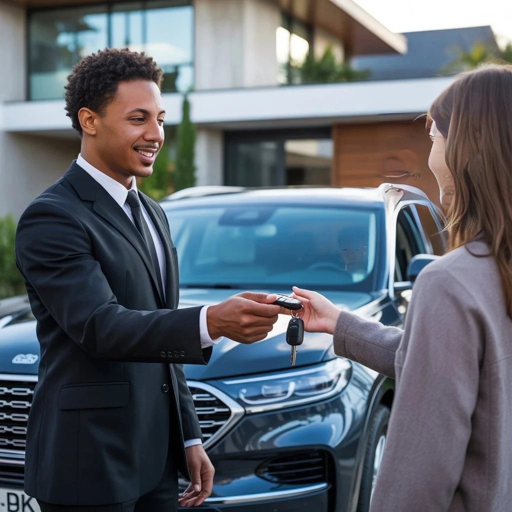 Convoyeur professionnel Convoi-rm remettant les clés d'une voiture à un client satisfait à domicile.