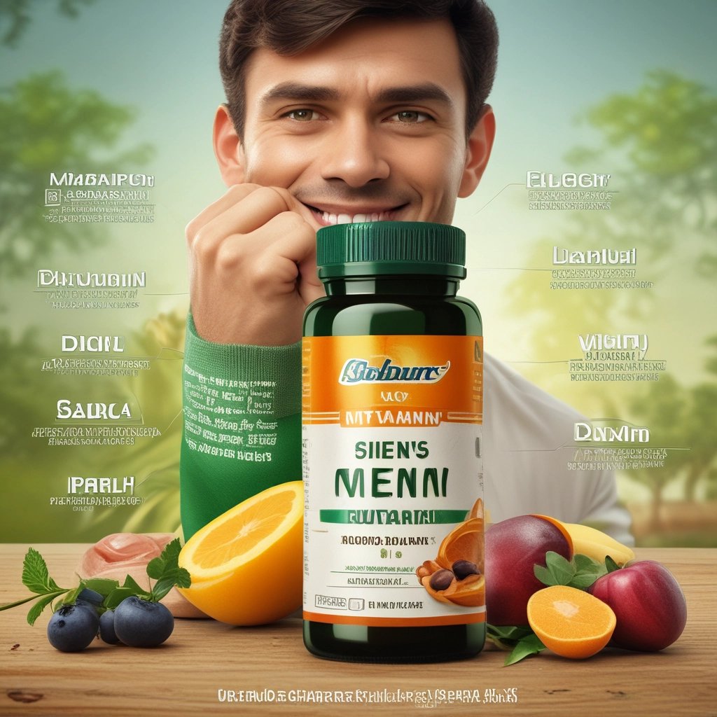 a man holding a bottle of vitamin supplements