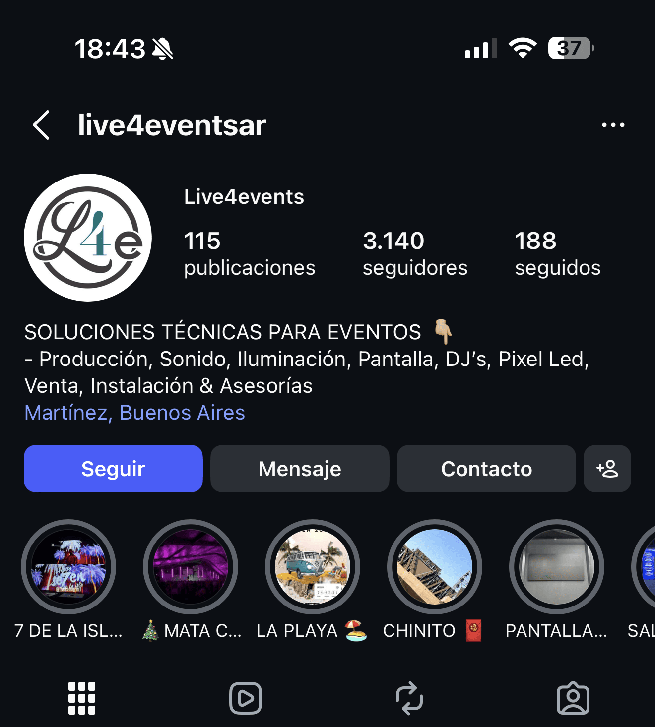 Perfil de Instagram de Live4events mostrando soluciones técnicas y servicios de producción tecnica