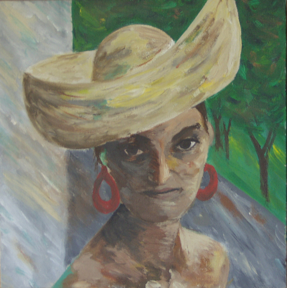 18x18" acrylic painting self-portrait of Meredith Laskow, age 26, wearing a straw hat and red hoop earrings
