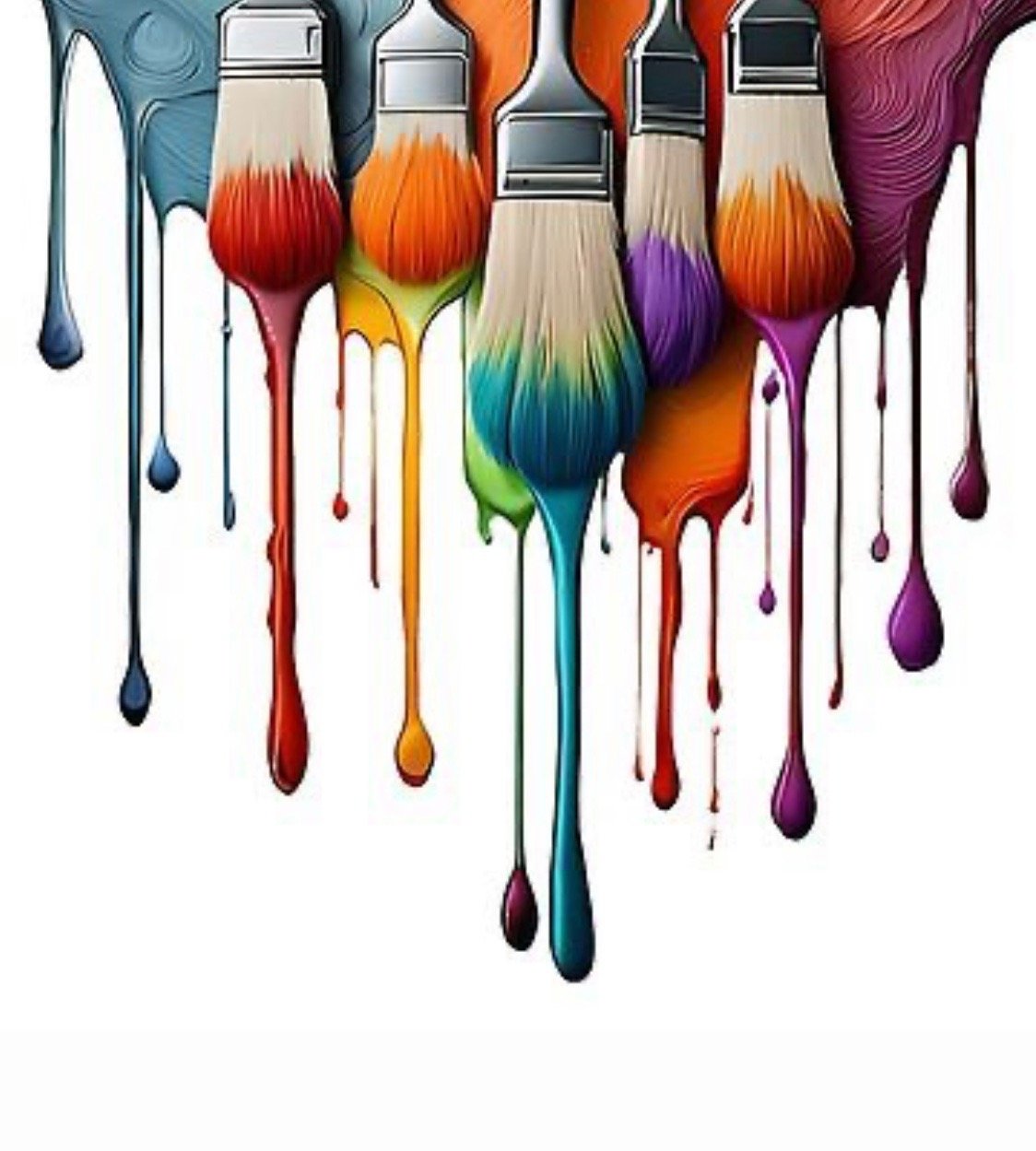 Colorful paintbrushes with dripping rainbow paint on white background,symbolizing creativity and art