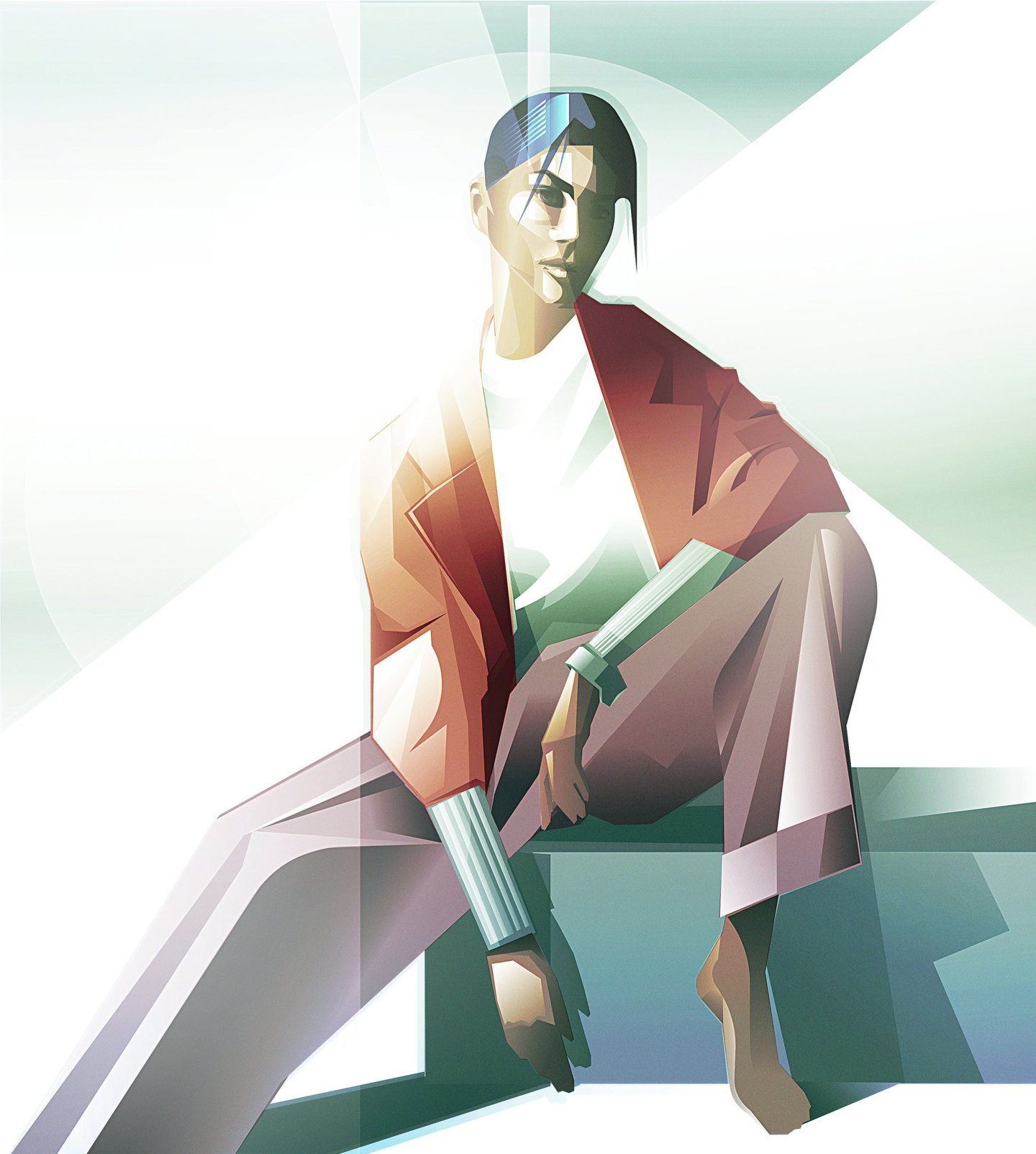 Geometric illustration of seated figure with abstract background and modern editorial style.