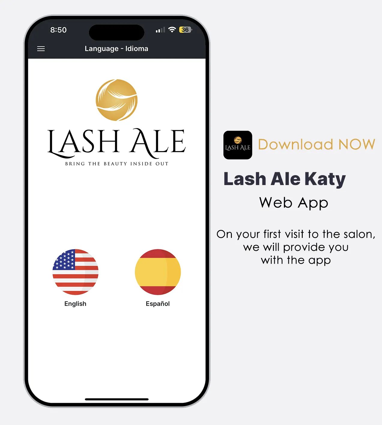a phone screen with the Lash By Ale Katy App on it