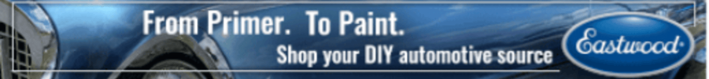 Eastwood DIY automotive source banner showing a blue car with primer and paint restoration text.