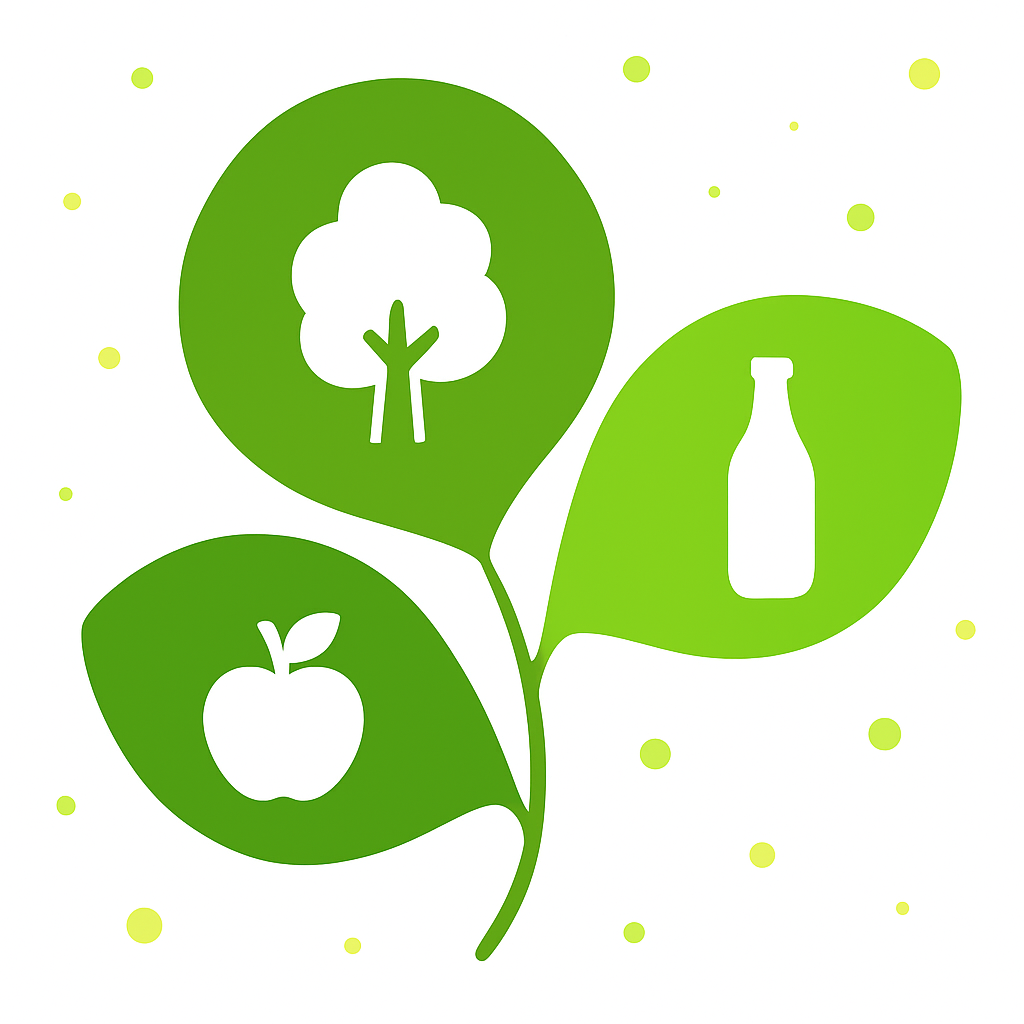 Eine Blume mit drei grüne Blätter für Nachhaltigkeit mit den Symbolen Baum, Flasche und Apfel