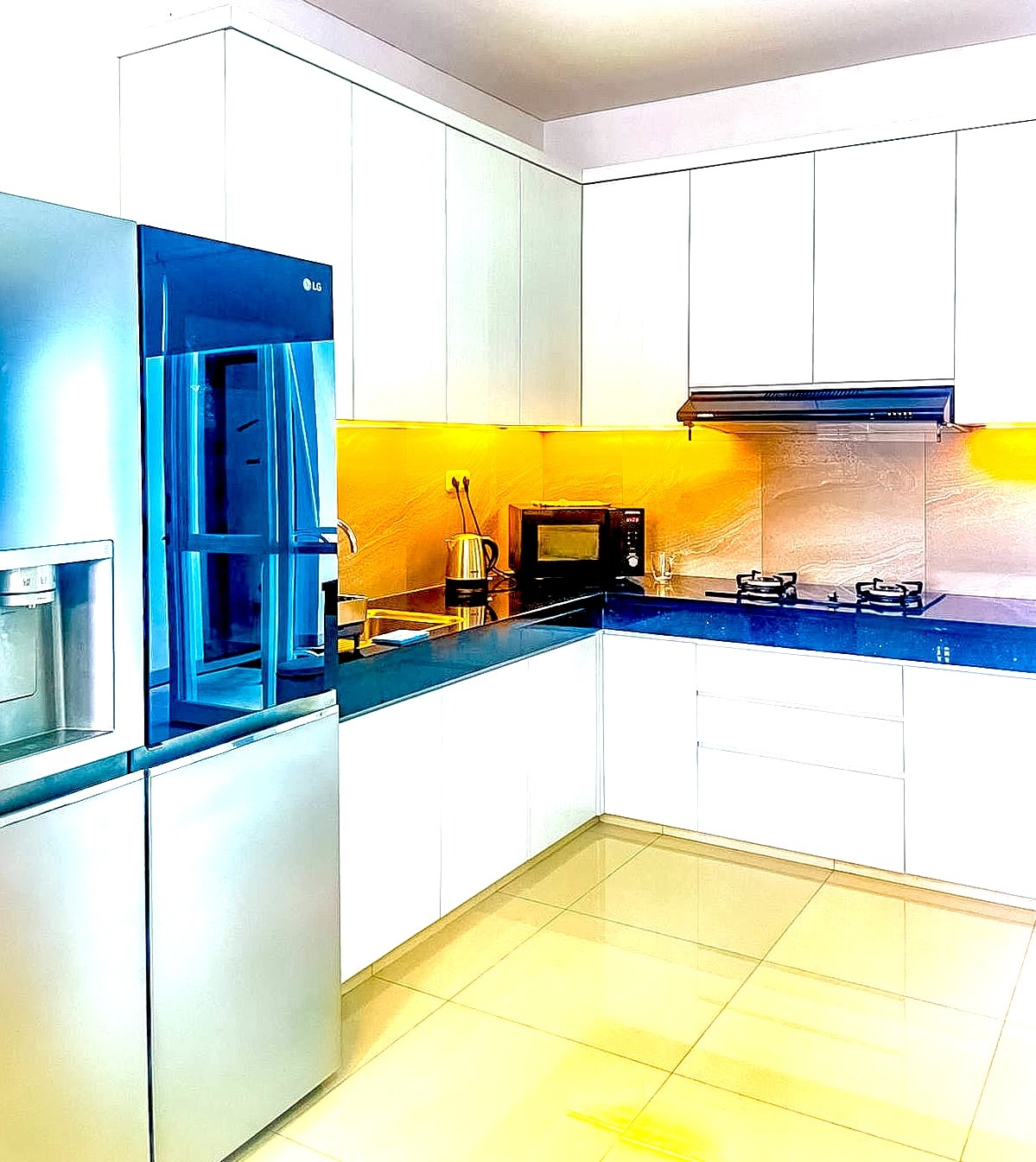 Fully equipped modern kitchen at Villa Sattara Seminyak with fridge, freezer complete cooking setup