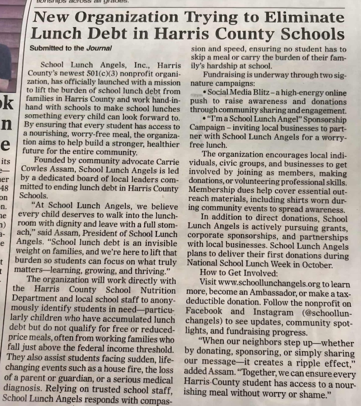 School Lunch Angels featured in the Harris County Journal in September 2025