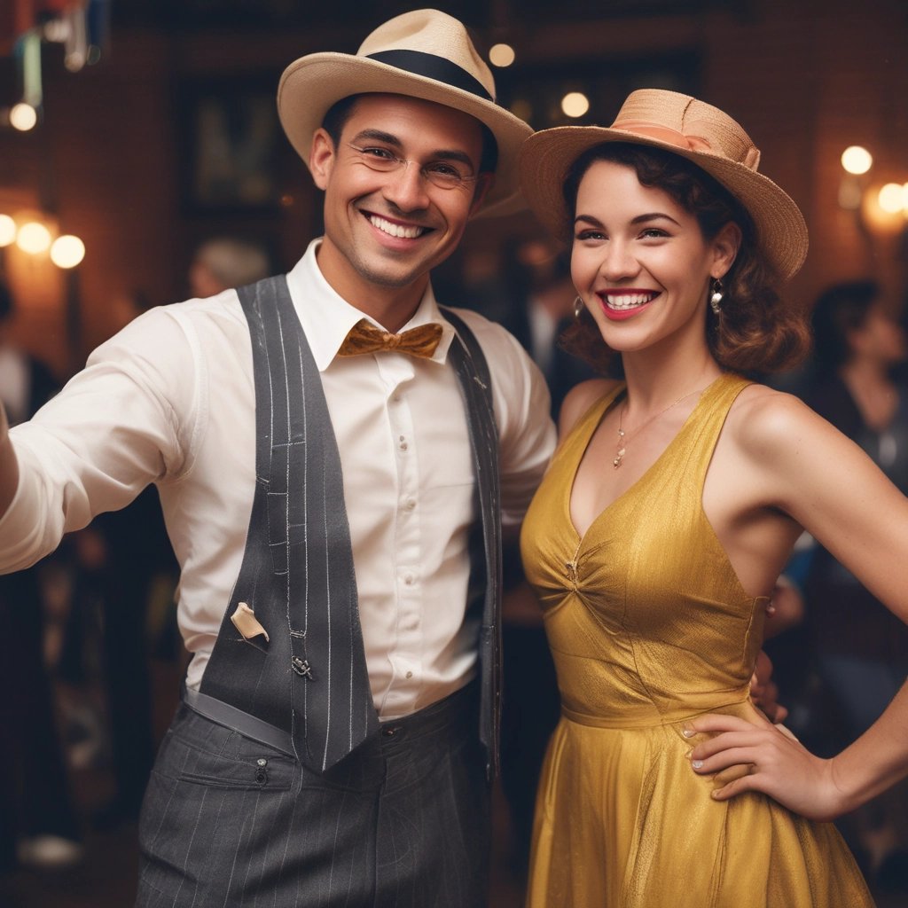 A couple is engaged in an elegant dance on a wooden floor surrounded by people. The female dancer is wearing a sparkling gold dress, and the male dancer is dressed in a dark suit with a light shirt. The atmosphere is festive, with string lights hanging in the background.