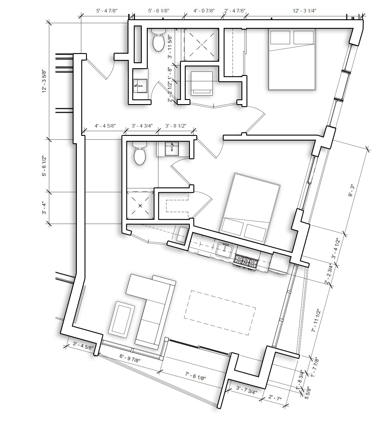 Detailed architectural floor plan of a modern two-bedroom apartment with dimension lines.