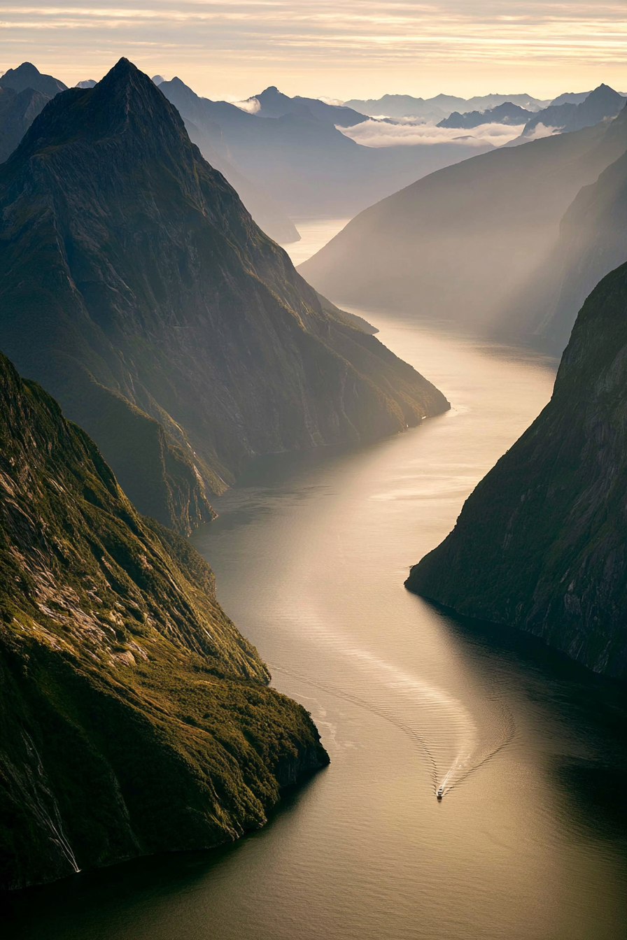 Aerial view of a boat cruising through Milford Sound's deep fjord mountains in New Zealand at sunset.