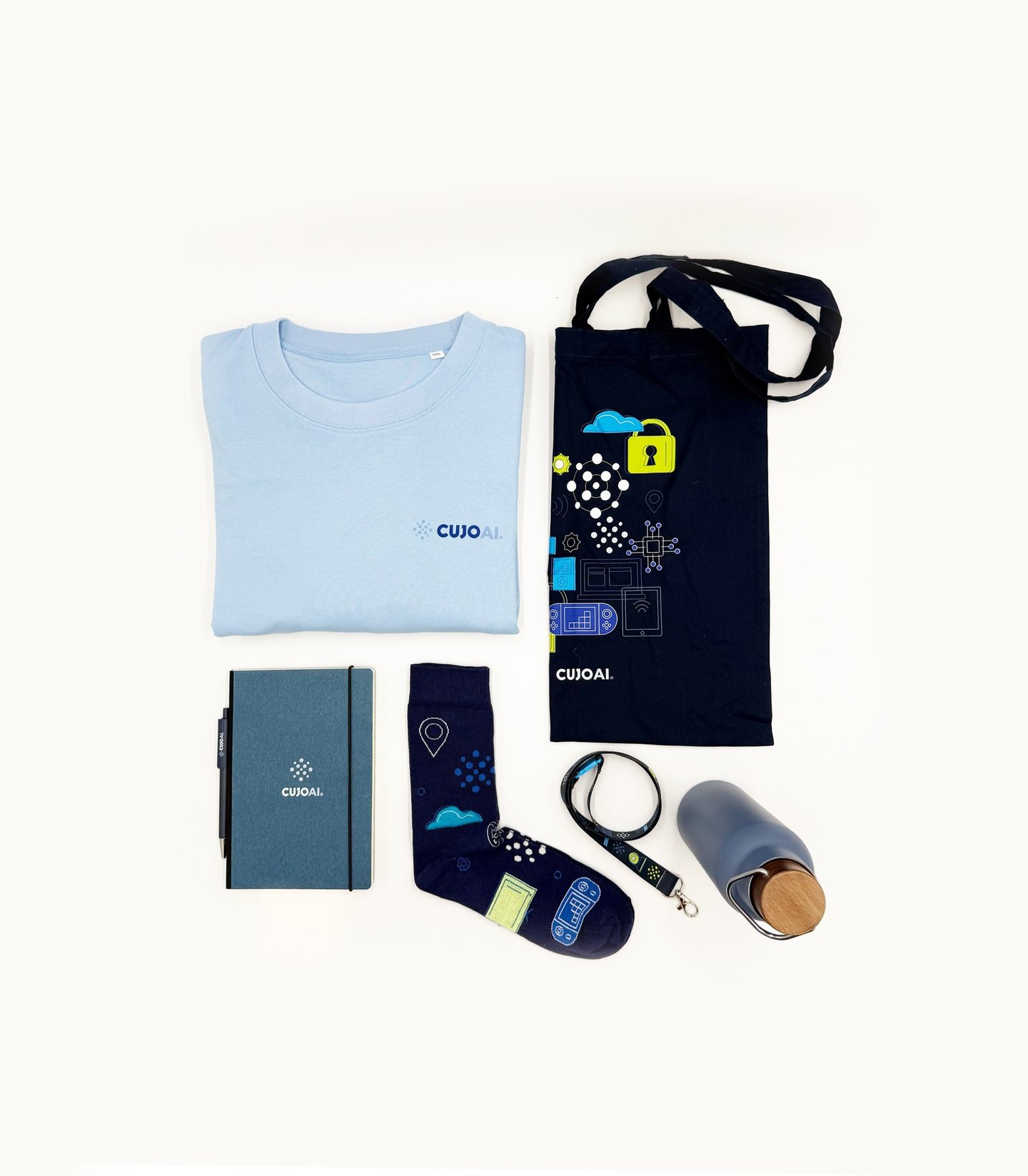 Custom CUJO AI branded company swag including a blue t-shirt, tote bag, notebook, socks, and water bottle.