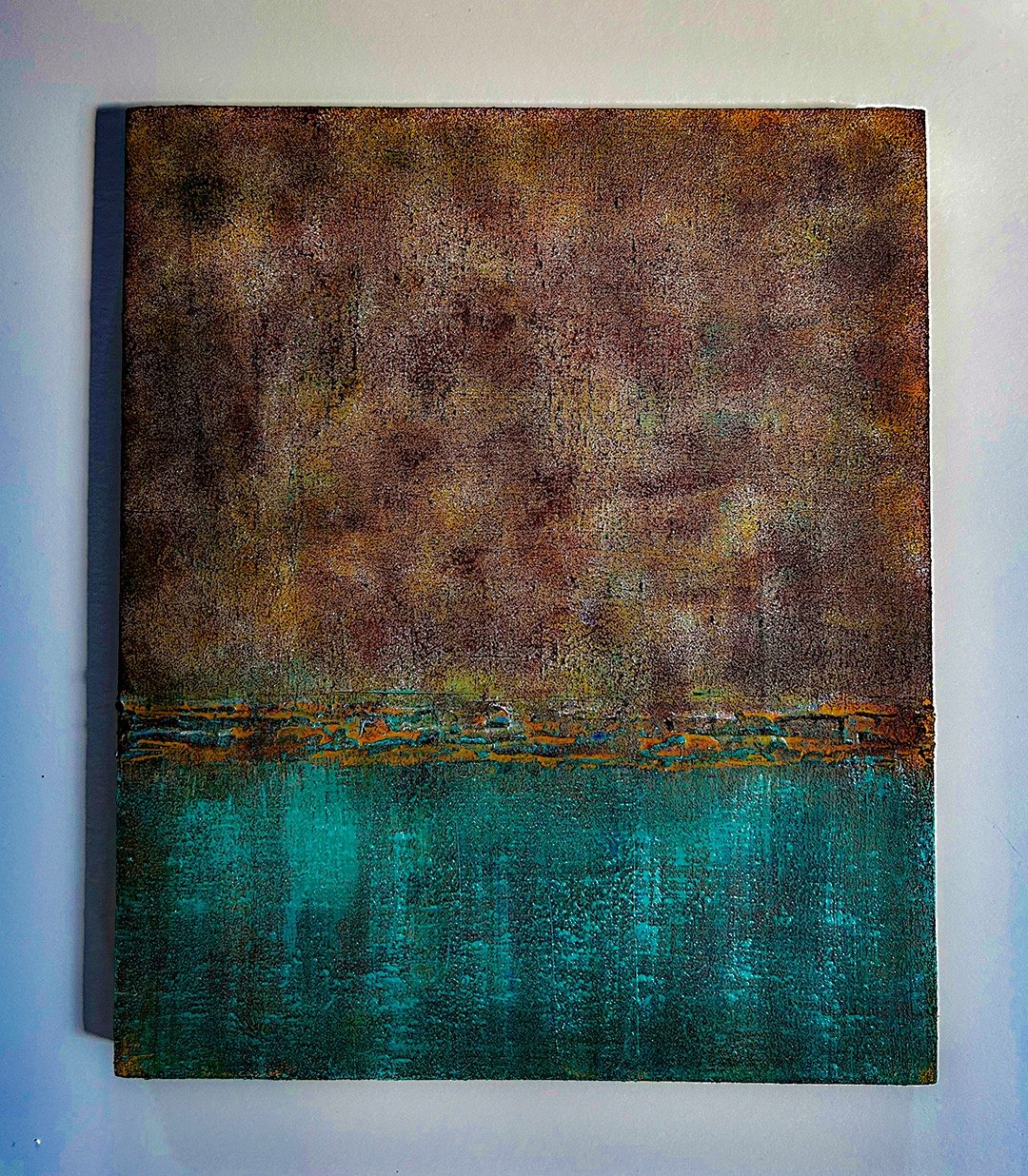 Abstract landscape. Mixed media on wood. Abstract artwork Ditchling East Sussex. Laurence Moracchini artist.