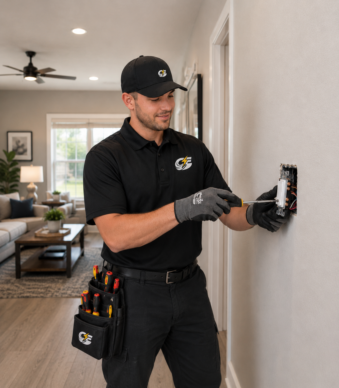 Professional electrician installing a new light switch on a living room wall using a screwdriver.