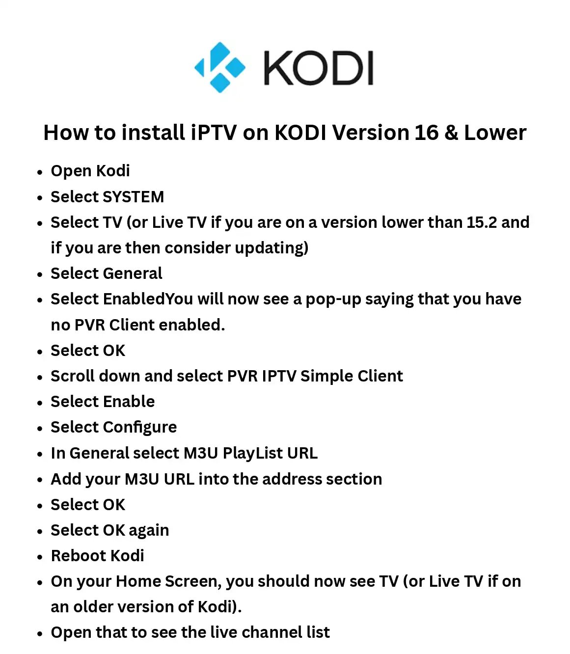 Step-by-step guide on how to install IPTV and PVR IPTV Simple Client on Kodi version 16 and lower.