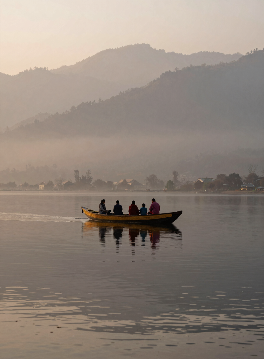 Environmental wide shot of Nagin Lake Kashmir, a family on a shikara boat moving across still water at dawn, mountains behind, soft mist, ochre and slate tones, no posed faces