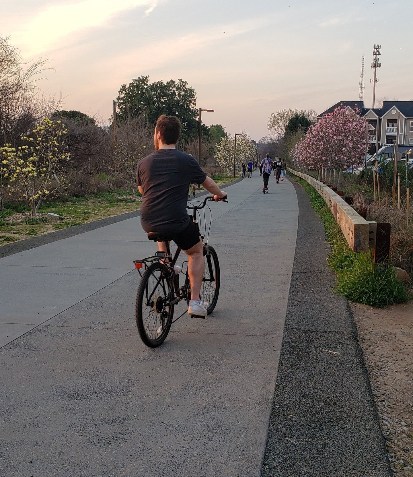 People riding bikes on a path at sunset