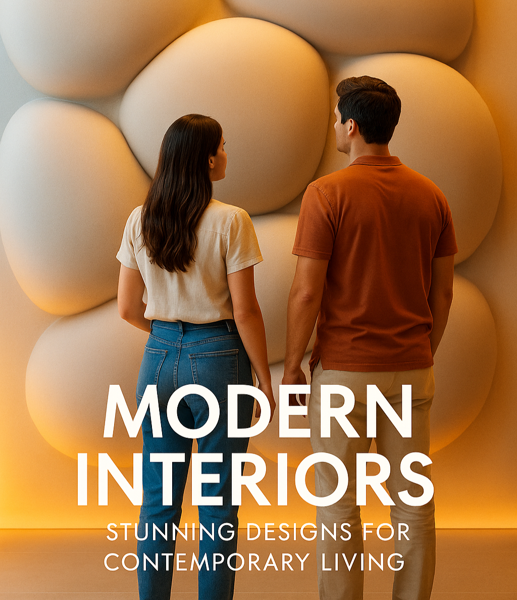 Gráfico promocional “Modern Interiors” con relieve mural orgánico — Pedro Alonso Studio.