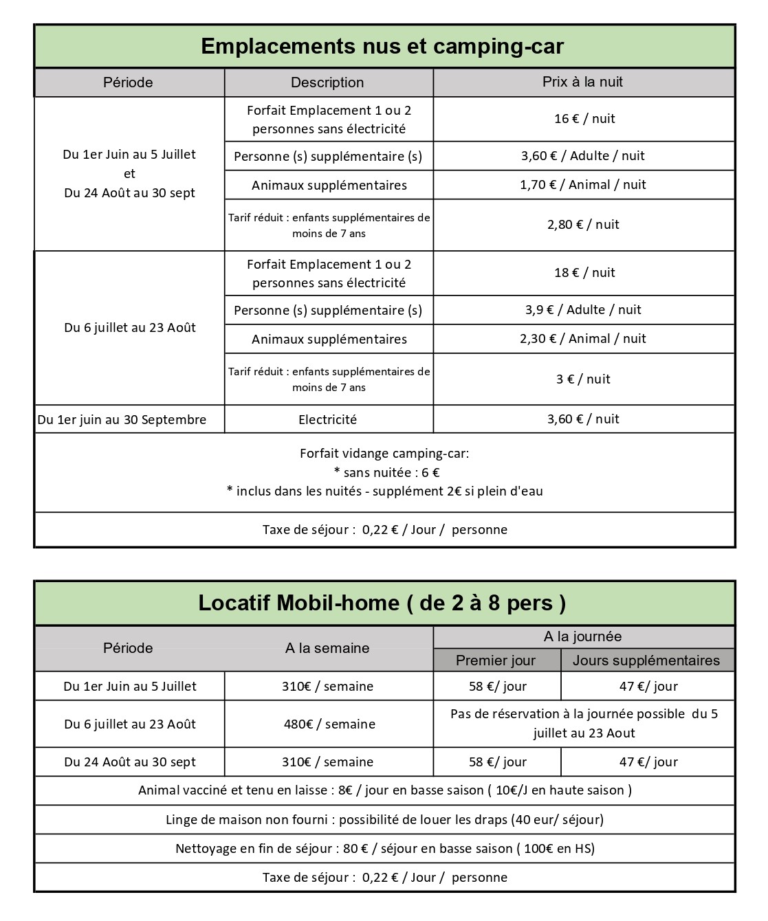 tarifs 2026 emplacements nus et camping car